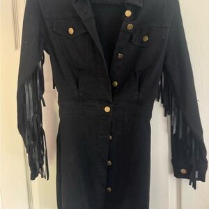 Black Fringe Button-Up Mini Dress